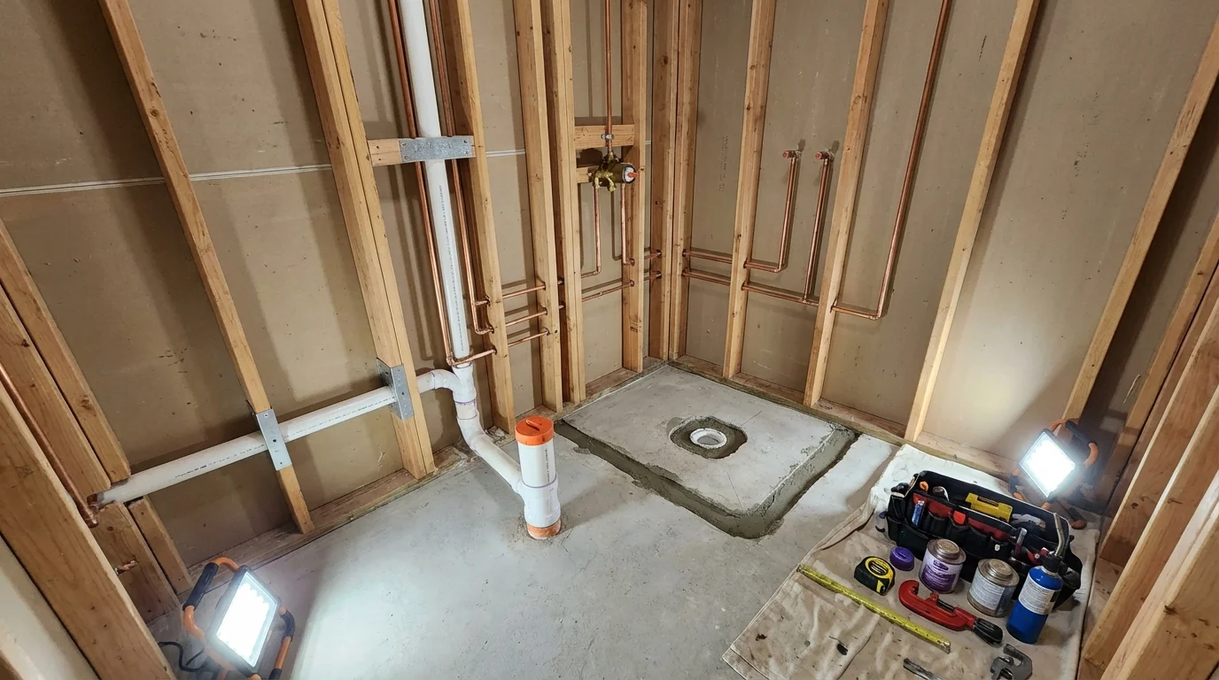 Bathroom rough-in plumbing during remodel by Johns Plumbing LLC in El Dorado Springs