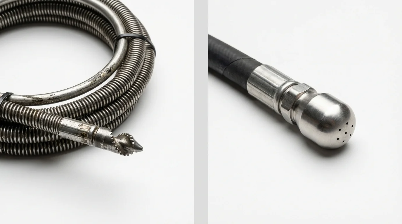 Drain snake cable and hydro jetting nozzle used for drain cleaning in El Dorado Springs, MO