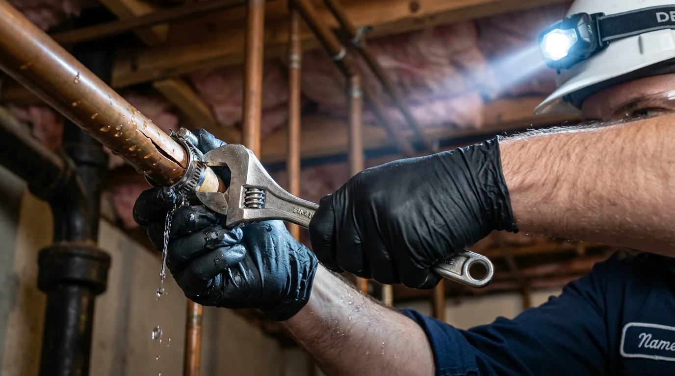 Emergency pipe clamp repair being performed by a Johns Plumbing LLC plumber in El Dorado Springs