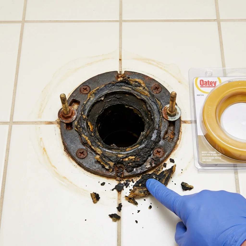 Failed wax ring showing water seepage at the base of a toilet in a El Dorado Springs, MO home