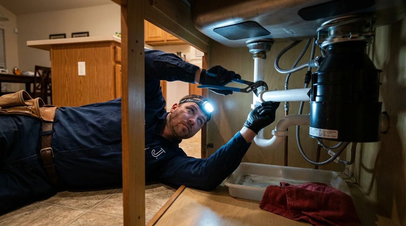 P-trap and supply line connections under a kitchen sink showing a common leak point in El Dorado Springs, MO